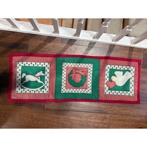 VTG Holiday Christmas Quilted Table Runner Decor with Dove, Wreath, Rocking Hors